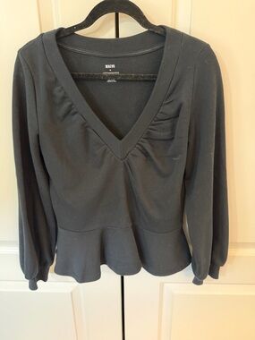Anthropologie Black V-Neck Peplum Long Sleeve Top